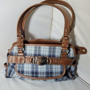 RL Chaps Blue Plaid Shoulder Bag Brown Trim